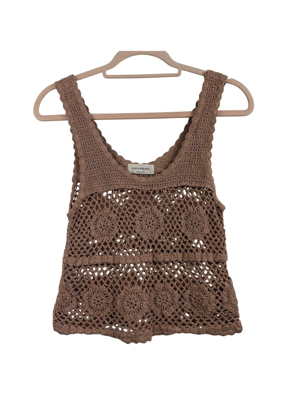 Bohemian Tan Crochet Open Knit Saints & Hearts Tank Top Small Cotton Festival